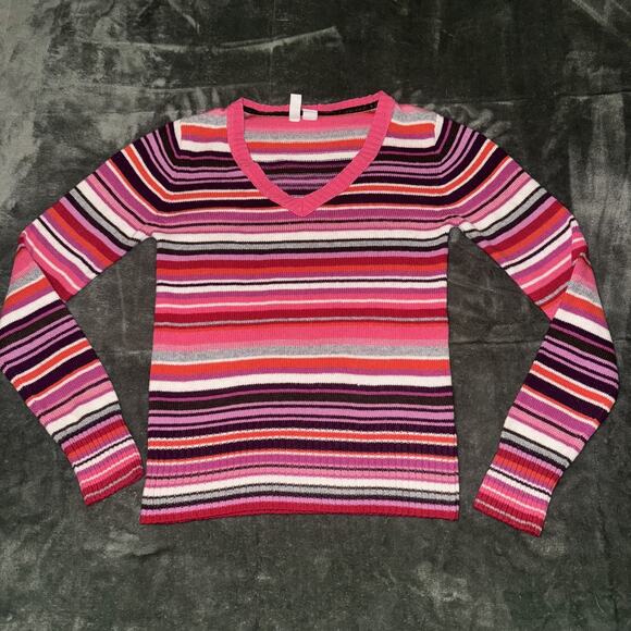 Old Navy Y2K Sweater Girl's XL Multicolor Pink Striped Knitted VNeck Long Sleeve - Picture 1 of 9